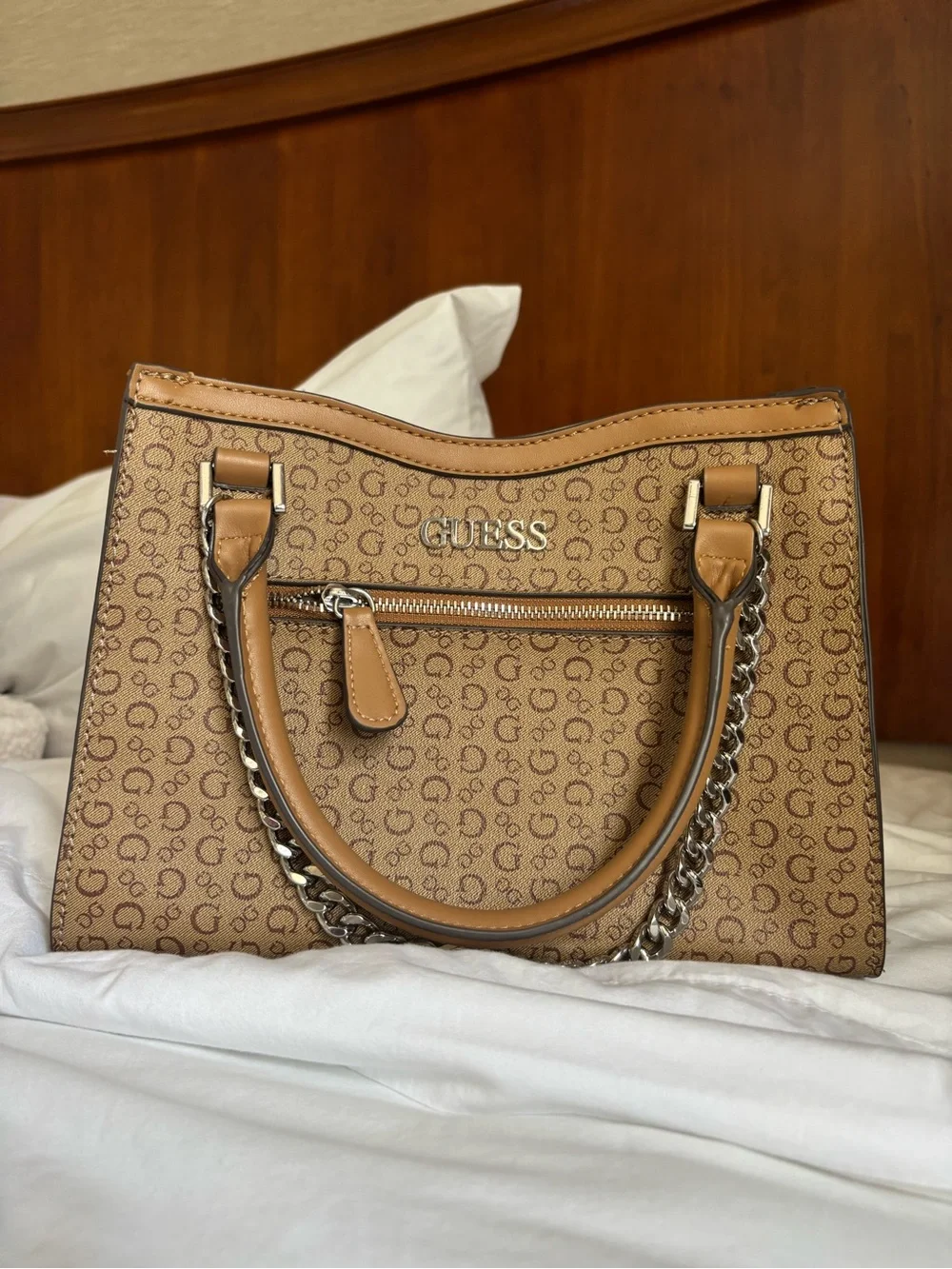 GUESS Tan Logo Chain Accent Satchel/ Hand Bag